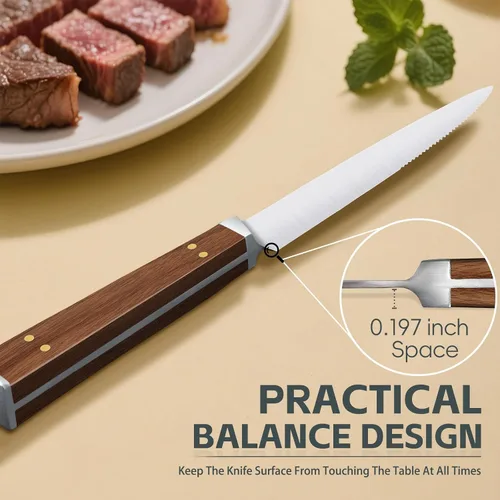 Vista 6 de Juego de 4 cuchillos de carne serrados de Purple Dragon de acero alemán de alto carbono con mango cuadrado de madera - Corte sin esfuerzo - Regalo