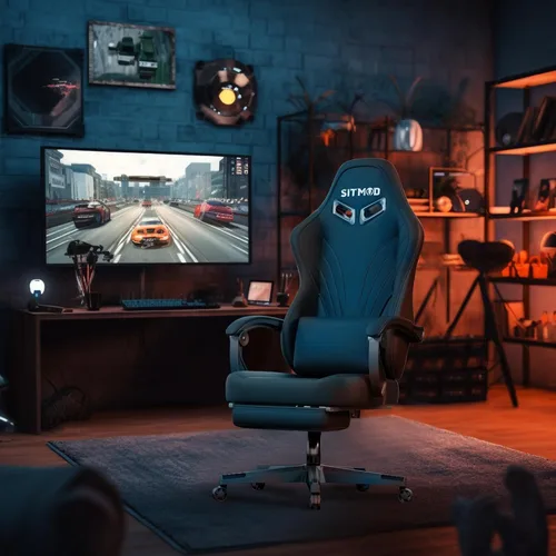 Vista 9 de Silla de juegos, sillas de juegos grandes y altas para adultos con reposapiés y soporte lumbar, cómoda silla de computadora de tela ergonómica