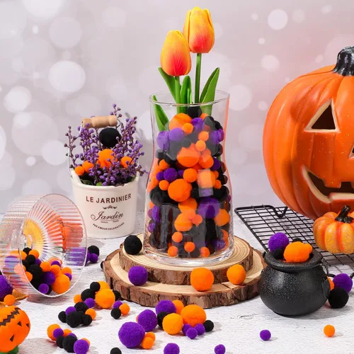 Vista 4 de Tegeme 1200 bolas de pompones para manualidades, decoración de guirnaldas de oficina en casa (negro, naranja, morado)
