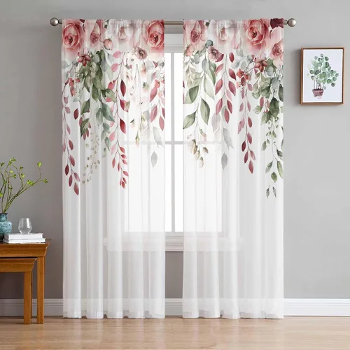 Vista 3 de Juego de 2 paneles de cortinas traslúcidas para el día de San Valentín, diseño de hojas de rosa sobre flores blancas con bolsillo para barra