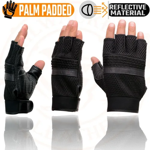 Vista 3 de Guantes sin dedos de cuero perforado negro para hombre Milwaukee Leather MG7504 con palma de gel y ribetes reflectantes para motocicleta