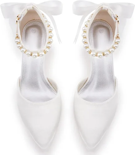 Vista 5 de Coutgo Zapatos de vestir para mujer con correa de tobillo con perlas y tacón bajo D'Orsay de satén en la parte trasera Tieknot Tacones puntiagudos