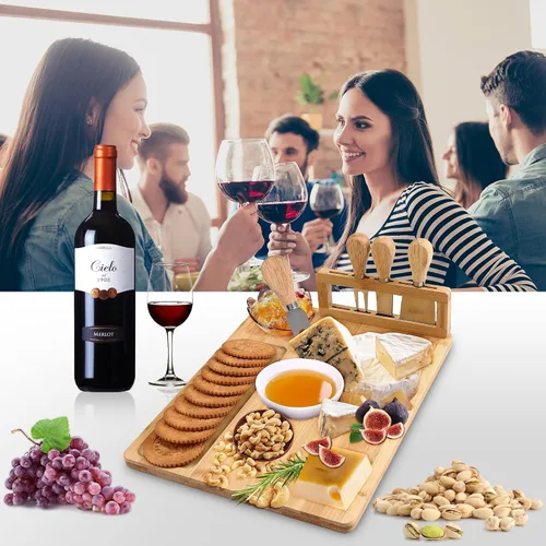 Vista 5 de TWGDH - Juego de tablas de queso de bambú que incluye 4 cubiertos de acero inoxidable, tabla de charcutería y bandeja para servir
