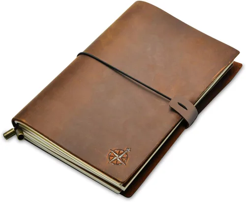 Vista 13 de WANDERINGS Cuaderno A5 Travelers hecho a mano, de cuero auténtico, 6 x 8.5 pulgadas, diario de viaje recargable con soporte para bolígrafo