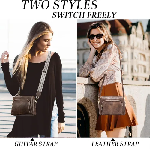 Vista 2 de Bolsos cruzados pequeños para mujer, bolsos cruzados de viaje de cuero vegano, bolsos de hombro con correa de guitarra y correa de cuero