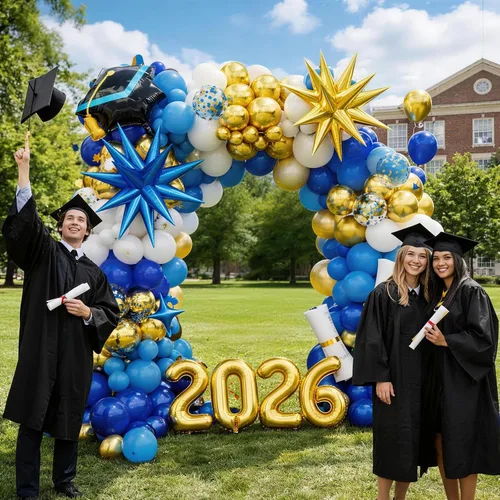 Vista 3 de Kit de arco de globos de graduación azul y dorado 2026, decoraciones de graduación 2026, globos dorados del número 2026 con explosión de estrella