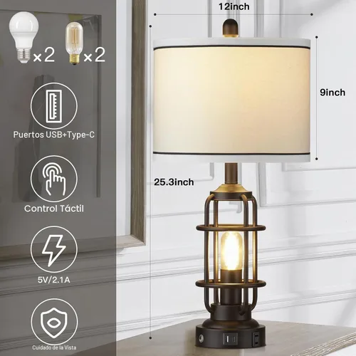 Vista 4 de Lámparas de mesa modernas, lámpara de noche industrial regulable de 3 vías con puertos USB A+C y salida de CA, control táctil, lámpara de mesita