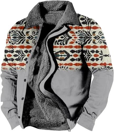 Vista 6 de LOAIHA Chaqueta de invierno para hombre, chaqueta azteca occidental para hombre, con cremallera, forro polar cálido, chaqueta vaquera, étnica vintage