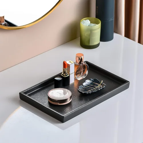 Vista 3 de Bandeja de maquillaje de cerámica Redelaenor, soporte de accesorios de baño negro para organizador de fregadero de cocina y bandeja decorativa