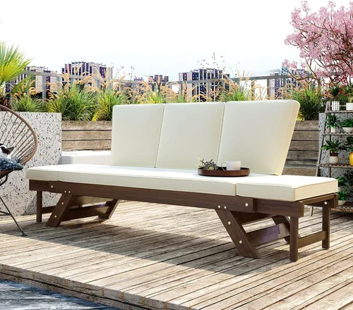 Vista 6 de Harper & Bright Designs Sofá convertible para exteriores con reposabrazos ajustable, sofá de madera maciza para patio con cojines, acabado Acabado