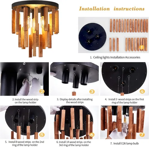 Vista 5 de Lámparas de techo semiempotradas de 3 luces, lámpara de madera bohemia, lámpara de techo de roble y negro con E26 para cocina, sala de estar