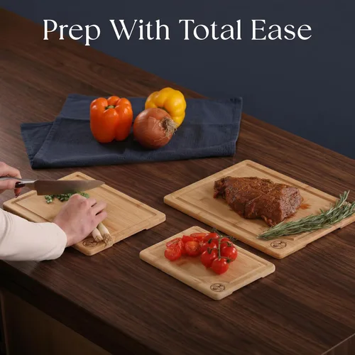 Vista 10 de Deer & Oak Juego de tablas de cortar de bambú de 3 piezas, tablas de cortar de madera previamente engrasadas para cocinas de 13.0 x 9.4 in, 11.0 x