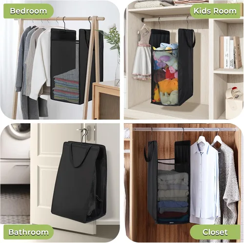 Vista 7 de Fentec Cesta colgante para la ropa sucia, cesta de lavandería colgante, bolsa delgada para ropa sucia con asas, cesta colgante portátil para Negro