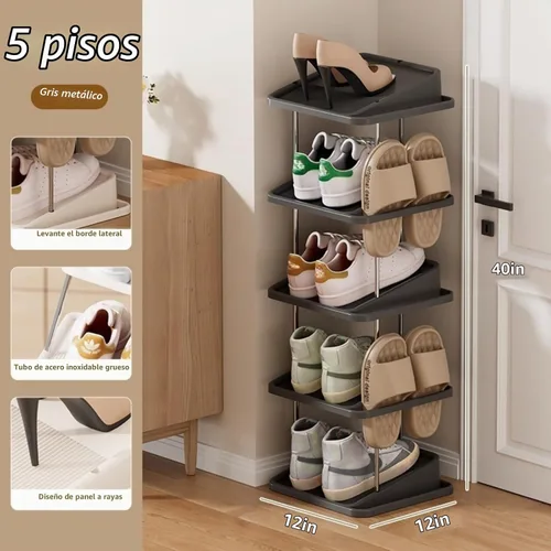 Vista 2 de Zapatero vertical apilable de 5 niveles para 10 pares, torre de zapatos estrecha, ahorro de espacio, para entrada, sala de estar, dormitorio Negro