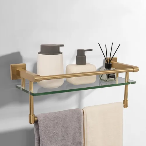 Vista 18 de Estante de vidrio para baño de 20 pulgadas, estantes de baño con barra para toallas, estantes de vidrio templado con soporte para toallas de acero