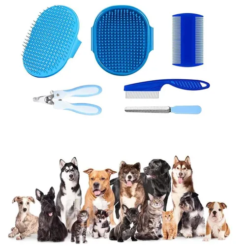 Vista 7 de 7 in 1 Small Pet Grooming Kit Dog Cat Rabbit Bath Brush Set with Bath Gloves Nail Clipper File and Flea Combs for Shedding and Cleaning