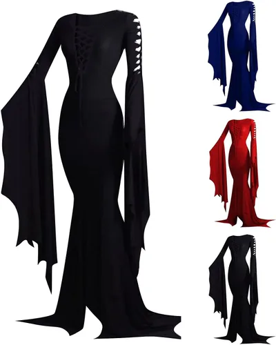 Vista 5 de Wkishenl Disfraces de Halloween para mujer, vestido de Morticia Addams, vestido de piso de Morticia para adultos, disfraz de bruja gótica
