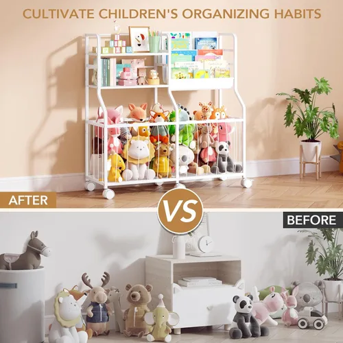 Vista 3 de BBLIKE Organizador de almacenamiento de animales de peluche, estantería rodante para niños y almacenamiento de juguetes con exhibición de libros