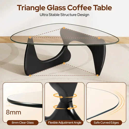 Vista 5 de Mesa de centro de cristal triangular moderna de mediados de siglo para sala de estar, mesa auxiliar minimalista para dormitorio, oficina y recepción