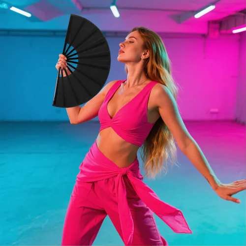 Vista 8 de Nydotd Paquete de 1 abanico grande de mano plegables de nailon plegable con funda de soporte para hombres y mujeres, línea de actuación, danza, kung