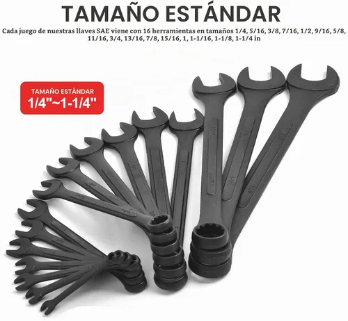 Vista 2 de Juego de llaves combinadas SAE de 16 piezas, juego de llaves SAE de 1/4 a 1-1/4 pulgadas con bolsa enrollable