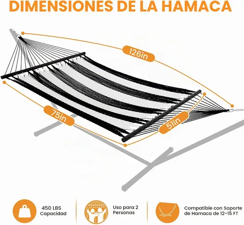 Vista 6 de Lazy Daze Hammocks Hamaca doble de cuerda caribeña de 10.5 pies para 2 personas, hamaca de poliéster tejida a mano con barras separadoras