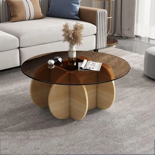 Vista 21 de HM&DX Mesa auxiliar redonda de cristal, base de madera maciza y parte superior de vidrio templado transparente, mesa auxiliar de café, mesa central