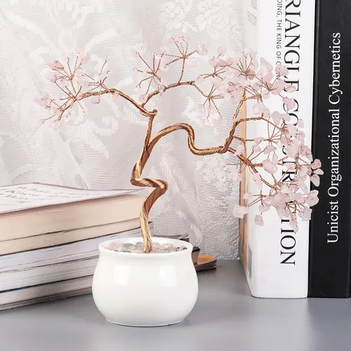 Vista 3 de TUMBEELLUWA Árbol bonsái de cristal de Reiki con base de cuenco de cerámica Fengshui, árbol de dinero de piedra con soporte de jardín de cuarzo
