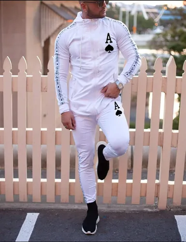 Vista 3 de Traje de manga larga con capucha para hombre de dos piezas con capucha y cremallera completa para correr, 3XL, Blanco