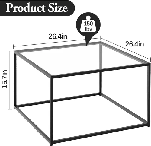 Vista 2 de Mesa de Café de Vidrio Negro para Sala de Estar, Mesas de Café Cuadradas para Espacios Pequeños, Mesas Centro Modernas de Té y Cóctel Simples, Mesas