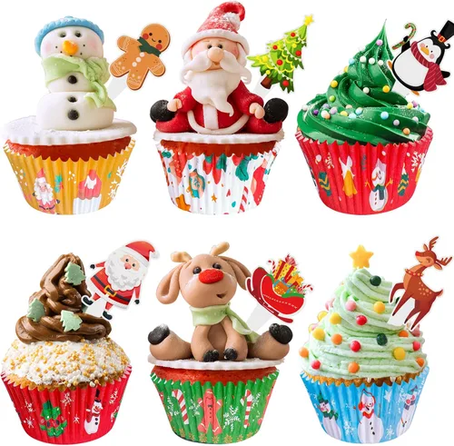 Vista 3 de Forros de cupcakes de Navidad con adornos y púas, envoltorios estándar desechables para cupcakes, tazas para hornear, forros para magdalenas