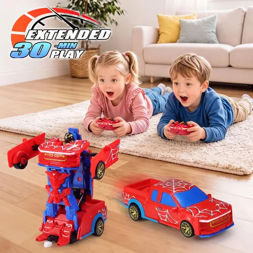 Vista 3 de Spider Transform RC Car para niños, camión a control remoto a control remoto rojo y azul con transformación de un botón, rotación de 360° y luces