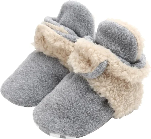 Vista 3 de EnJoCho Pantuflas de forro polar para niñas recién nacidas y niños con suela suave antideslizantes para primeros caminos gris 12-18 meses