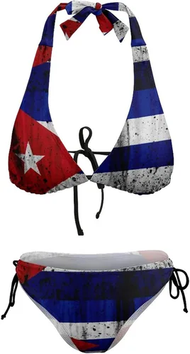 Vista 2 de Traje de baño de 2 piezas con bandera cubana retro para mujer con traje de baño halter