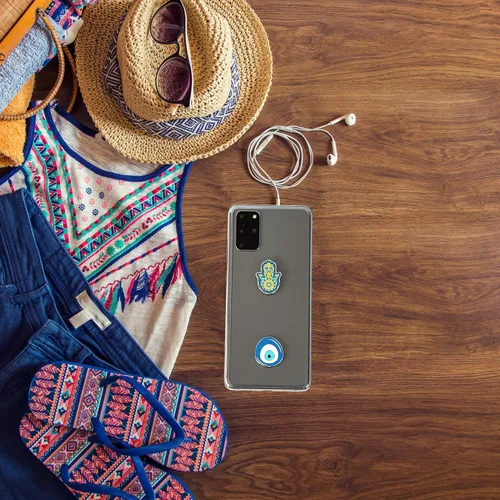 Vista 7 de Pegatinas de metal para fundas de celular. Blue Evil Eye y Hamsa. Juego de 2. Reutilizables y extraíbles. No deja residuos. Símbolos espirituales