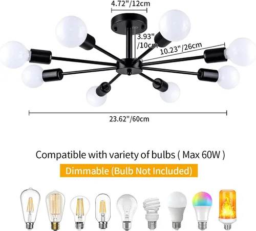 Vista 4 de Lámpara de Techo Semiempotrada de 23.62'', Candelabro Moderno de 8 Luces Negro para Sala de Estar, Candelabro de Luces Sputnik para Dormitorio
