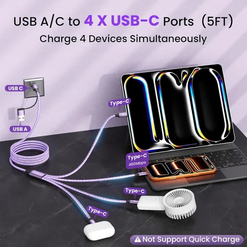 Vista 2 de Cable de carga múltiple 4 en 2, cable USB C a USB C con 4 X tipo C, cable de carga de teléfono de viaje para iPhone 17/16/15, Galaxy, Android