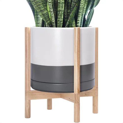Vista 66 de D'vine Dev Maceta de cerámica con soporte de ébano – Maceta redonda moderna de 8 pulgadas con soporte para maceta de madera, color negro, 55-B-M-2