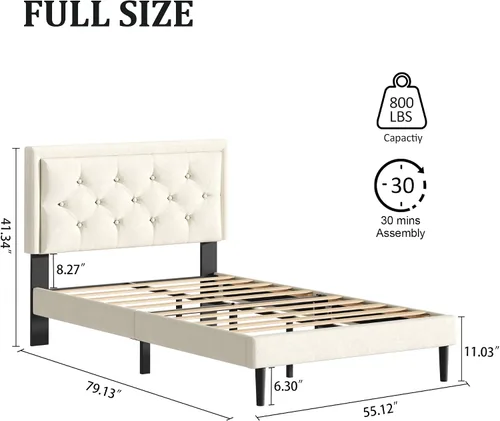 Vista 2 de CXVX Base de cama tamaño matrimonial con plataforma tapizada con botones de terciopelo incrustados, base de colchón con soporte de listones