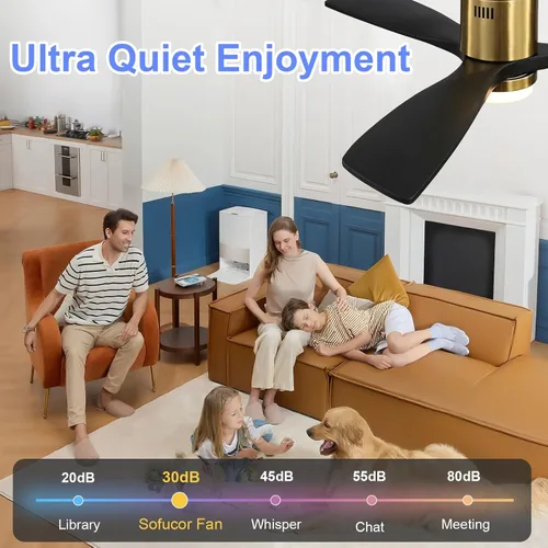 Vista 2 de Sofucor - Ventilador de techo de 52 pulgadas con luces, ventilador de techo empotrado negro para interiores/exteriores con control remoto de luz