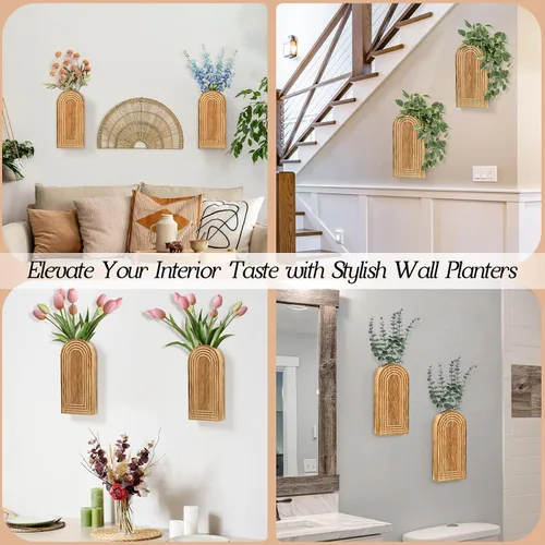 Vista 5 de Paquete de 2 macetas de madera para decoración de pared para plantas de interior, maceta de pared moderna para baño, sala de estar, decoración