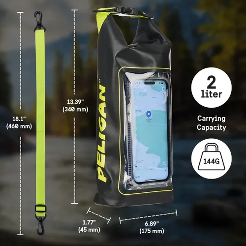 Vista 6 de Pelican Marine Bolsa impermeable IP68 de 2L con rollo superior - Mochila impermeable con funda/bolsa para teléfono - Accesorios para canotaje