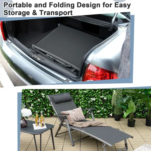 Vista 5 de HAPPYGRILL Sillón de aluminio para patio con respaldo ajustable de 8 posiciones, reposapiés de 2 posiciones, cómodo reposacabezas, silla reclinable