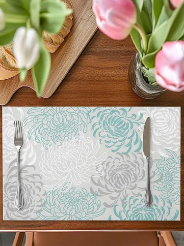 Vista 3 de Juego de 4 manteles individuales para mesa de comedor, diseño de crisantemo, color aguamarina, lino de algodón, impermeable, fácil de limpiar