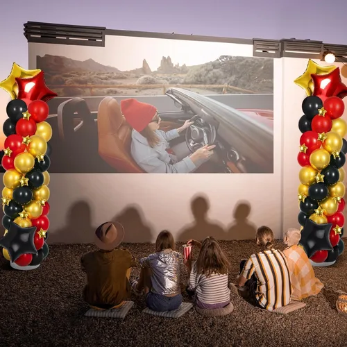 Vista 5 de 2 juegos de globos negros dorados y rojos, kits de soporte de columna de globos ajustables con 4 estrellas, guirnalda de noche de película, globos