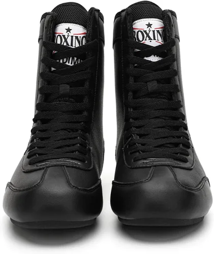 Vista 2 de TECDOTO Botas de boxeo para hombre, zapatos de lucha libre, transpirables, fitness, sentadillas, gimnasio, tenis ligeros, color negro 11