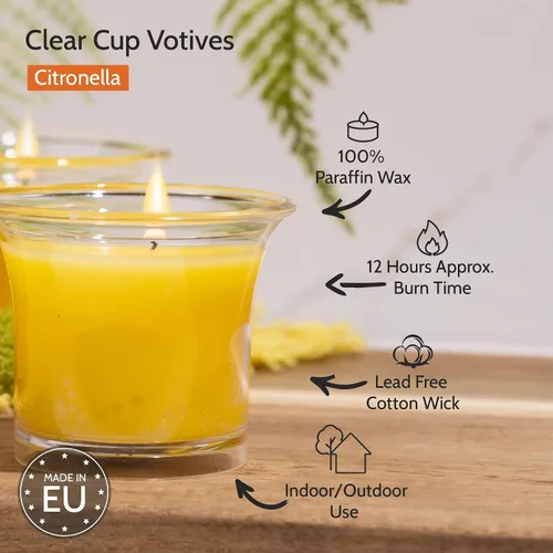 Vista 2 de HYOOLA Clear Cup Velas votivas perfumadas – Citronela – 12 horas de tiempo de combustión – Paquete de 4 – Fabricado en Europa Amarillo Citronela
