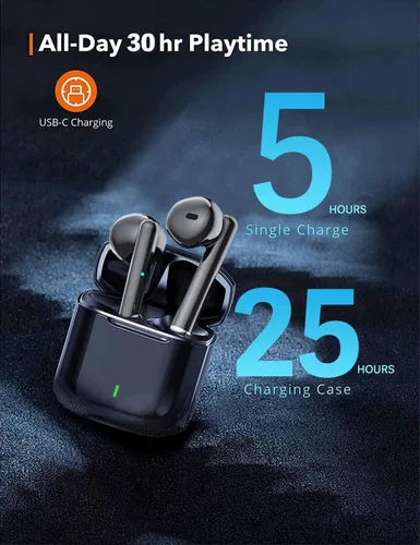 Vista 4 de Easy-Take Auriculares inalámbricos Bluetooth 5.0 con ciclo de reproducción de 30 horas con micrófono integrado IPX6 impermeable con estuche de carga