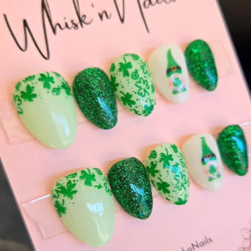 Vista 43 de 24 piezas de uñas postizas de punta francesa a presión, uñas postizas medianas en forma de almendra con diseño de ondas azul oscuro, uñas postizas