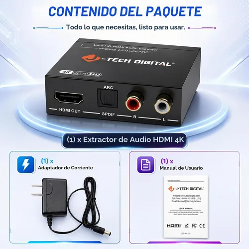 Vista 7 de J-Tech Digital Convertidor extractor de audio HDMI 4K 60Hz con óptica SPDIF, 3 modos de audio EDID, paso HDCP y soporte de sistema AV heredado